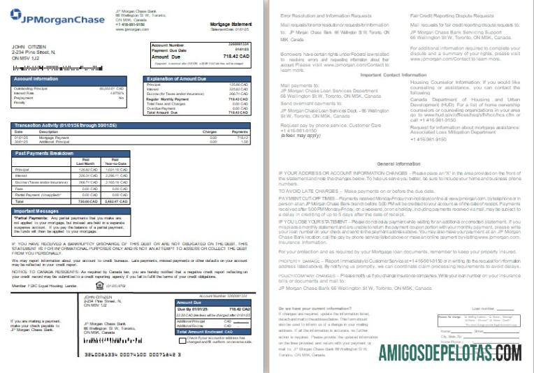 Extrato de hipoteca do banco JP Morgan Chase do Canadá, 2 páginas, 1 2 Scr exemplo